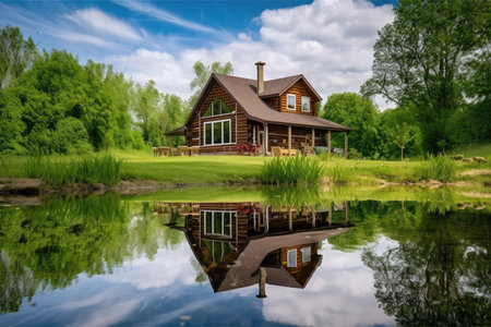 log cabin house surrounded by tranquil pond with reflections of the sky and trees, created with generative aiの素材