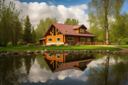 log cabin house surrounded by tranquil pond with reflections of the sky and trees, created with generative aiの素材