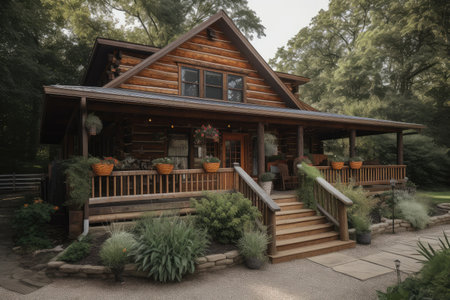 classic log cabin exterior with wrap-around porch, rocking chairs, and potted plants, created with generative aiの素材