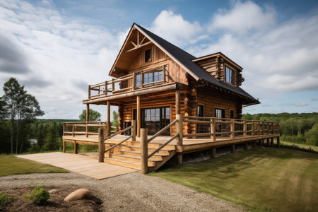 log cabin house with accompanying deck and view of the natural landscape, created with generative aiの素材