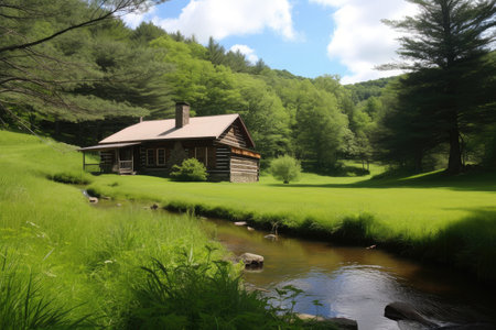 log cabin in peaceful meadow, with babbling brook nearby, created with generative aiの素材