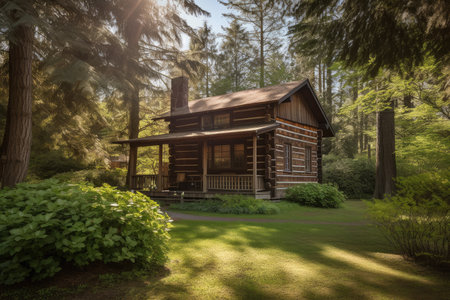 a log cabin house among a grove of trees on a sunny day, created with generative aiの素材