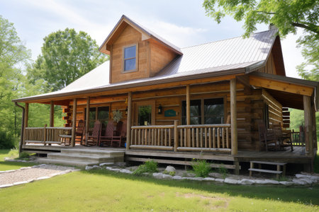log cabin with wrap-around porch and rocking chairs on the front, created with generative aiの素材