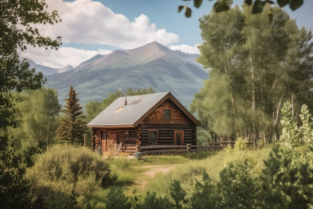 rustic log cabin surrounded by towering trees with a mountain range in the distance, created with generative aiの素材