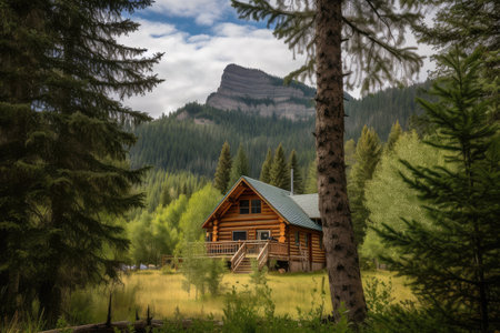 rustic log cabin surrounded by towering trees with a mountain range in the distance, created with generative aiの素材