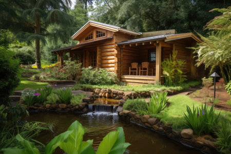 log cabin surrounded by lush greenery, with water feature and outdoor sitting area, created with generative aiの素材