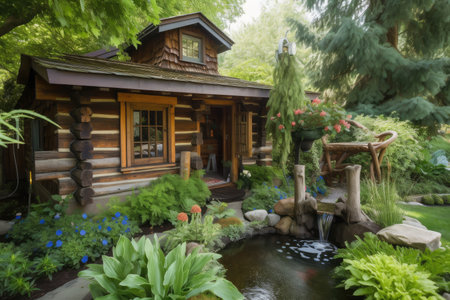 log cabin surrounded by lush greenery, with water feature and outdoor sitting area, created with generative aiの素材