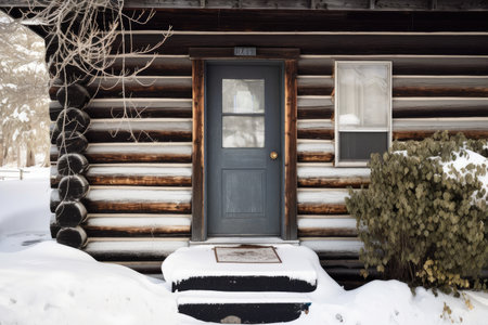 log cabin with black metal exterior door, white trim and window, created with generative aiの素材