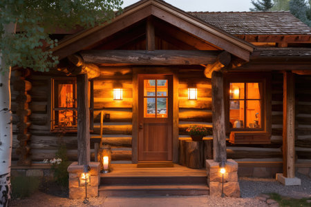 cozy log cabin with inviting front porch and welcoming lanterns, created with generative aiの素材
