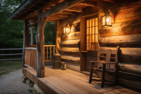 log cabin exterior with wooden porch and lantern light, created with generative aiの素材