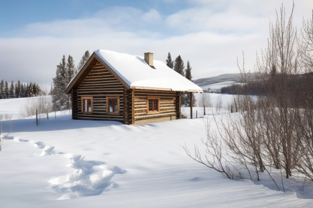 log cabin surrounded by snow in winter landscape, created with generative aiの素材