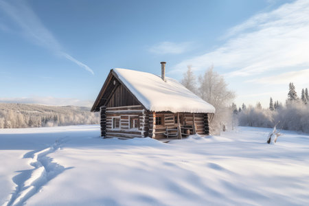 log cabin surrounded by snow in winter landscape, created with generative aiの素材