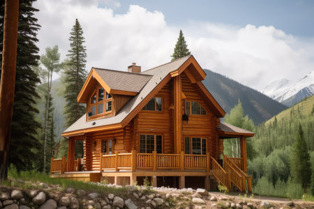 log cabin house in the mountains, surrounded by tall trees and snow-capped peaks, created with generative aiの素材