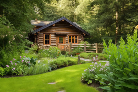 log cabin with garden and deck, surrounded by lush greenery, created with generative aiの素材