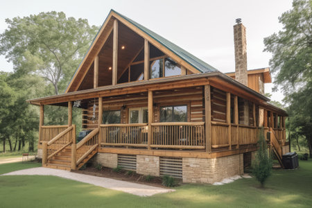 log cabin with wrap-around porch and rocking chairs outside, created with generative aiの素材