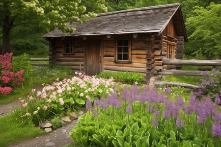 log cabin surrounded by blooming flowers in full bloom, created with generative aiの素材