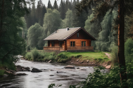 inspiring view of log cabin from the forest, with a river in the background, created with generative aiの素材