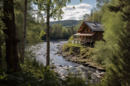 inspiring view of log cabin from the forest, with a river in the background, created with generative aiの素材
