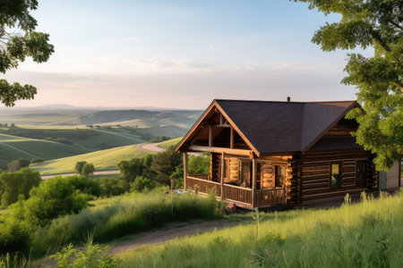 log cabin surrounded by lush greenery, with view of rolling hills, created with generative aiの素材