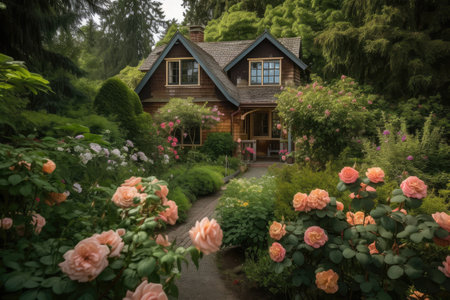 log cabin house surrounded by blooming rose garden, created with generative aiの素材