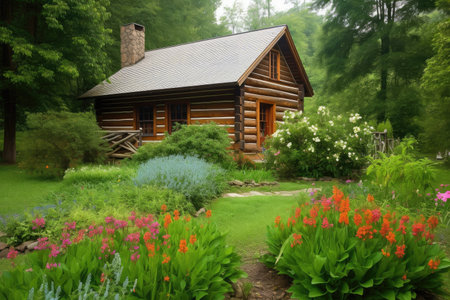 log cabin surrounded by lush green garden, with blooming flowers and foliage, created with generative aiの素材