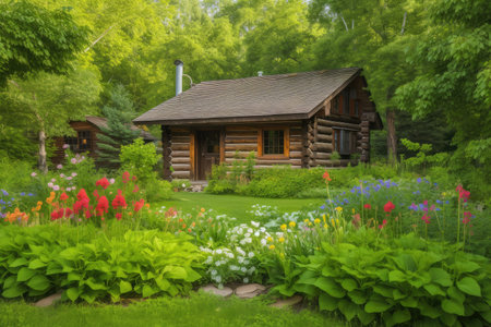 log cabin surrounded by lush green garden, with blooming flowers and foliage, created with generative aiの素材