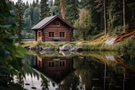 log cabin with lake view, surrounded by nature, created with generative aiの素材