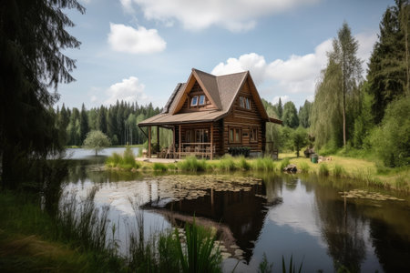 log cabin with lake view, surrounded by nature, created with generative aiの素材