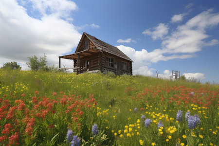 log cabin with neighboring field of wildflowers and clear blue sky, created with generative aiの素材