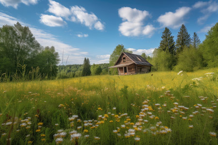 log cabin with neighboring field of wildflowers and clear blue sky, created with generative aiの素材