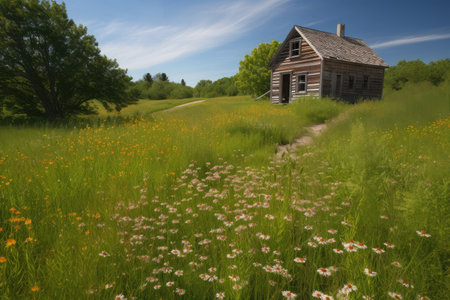 log cabin with neighboring field of wildflowers and clear blue sky, created with generative aiの素材