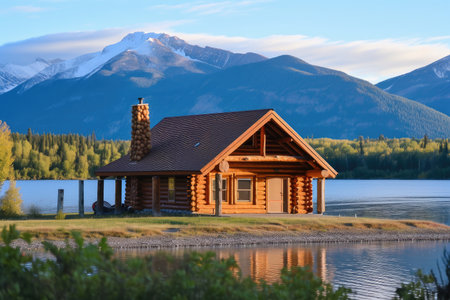 log cabin surrounded by lake, with view of water and mountains in the background, created with generative aiの素材