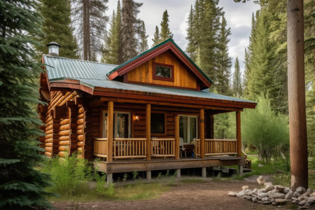 log cabin nestled among tall pine trees, surrounded by natural beauty, created with generative aiの素材