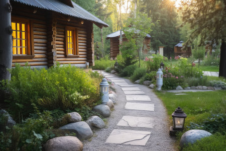 serene garden with natural stone pathway and lanterns leading to the front door of a log cabin house, created with generative aiの素材
