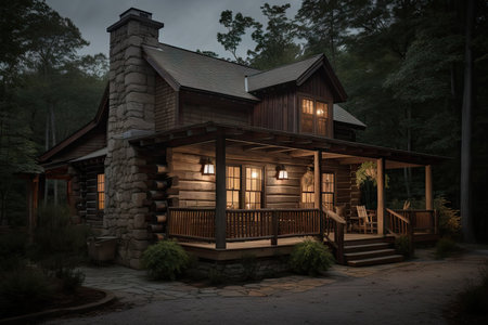 log cabin house with lantern light, warm and inviting exterior, created with generative aiの素材