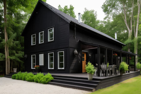 log cabin house with bold black exterior paint, surrounded by natural greenery, created with generative aiの素材