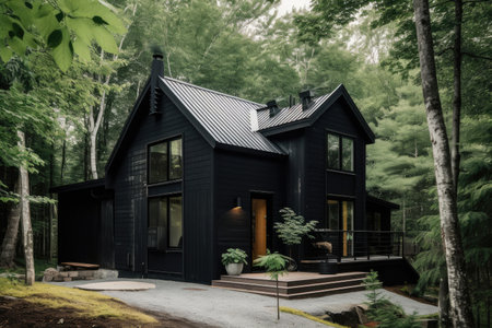 log cabin house with bold black exterior paint, surrounded by natural greenery, created with generative aiの素材