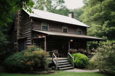 log cabin house with wraparound porch, surrounded by lush greenery, created with generative aiの素材