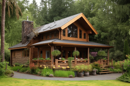 log cabin house with wrap-around porch, surrounded by trees and greenery, created with generative aiの素材