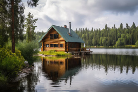 log cabin house surrounded by tranquil lake, with view of the water, created with generative aiの素材