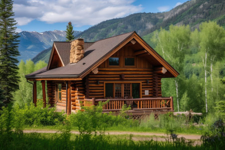 rustic log cabin house surrounded by trees, with view of the mountains in the background, created with generative aiの素材