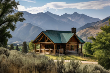 rustic log cabin house surrounded by trees, with view of the mountains in the background, created with generative aiの素材