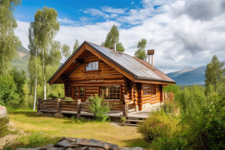 rustic log cabin house surrounded by trees, with view of the mountains in the background, created with generative aiの素材