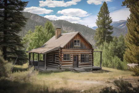 rustic log cabin house surrounded by trees, with view of the mountains in the background, created with generative aiの素材