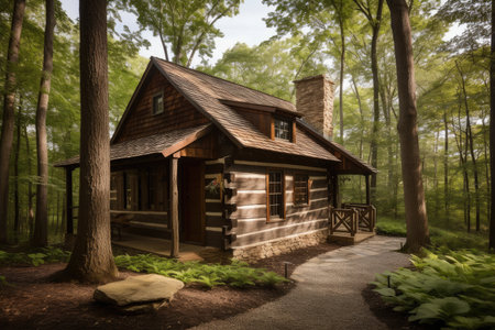 log cabin in the woods, with log walls and natural surroundings, created with generative aiの素材