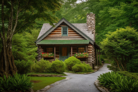 log cabin, surrounded by lush green foliage and natural landscape, created with generative aiの素材