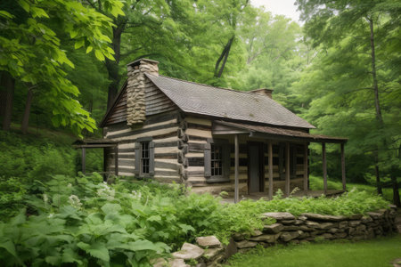 log cabin, surrounded by lush green foliage and natural landscape, created with generative aiの素材