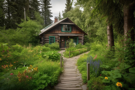 log cabin house, surrounded by lush greenery and wandering paths, created with generative aiの素材