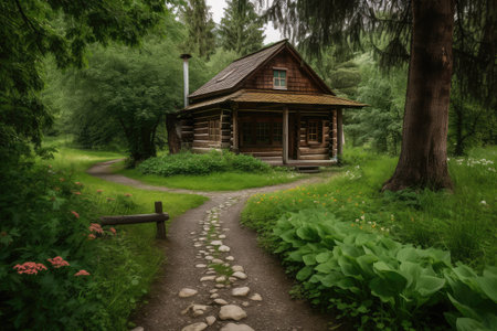 log cabin house, surrounded by lush greenery and wandering paths, created with generative aiの素材