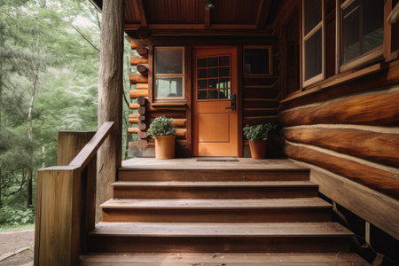 wooden steps leading up to a front door, with an open porch and view of the forest behind, created with generative aiの素材